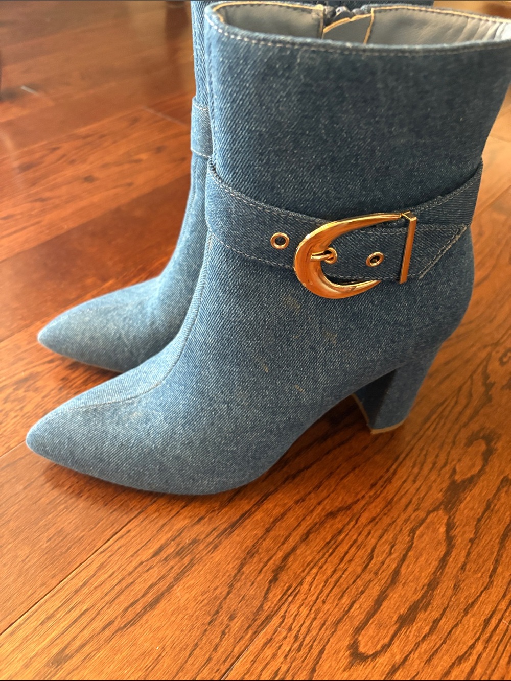 TOP Moda Blue Denim Pointed-Toe Block Heel Ankle Boots with Gold Buckle